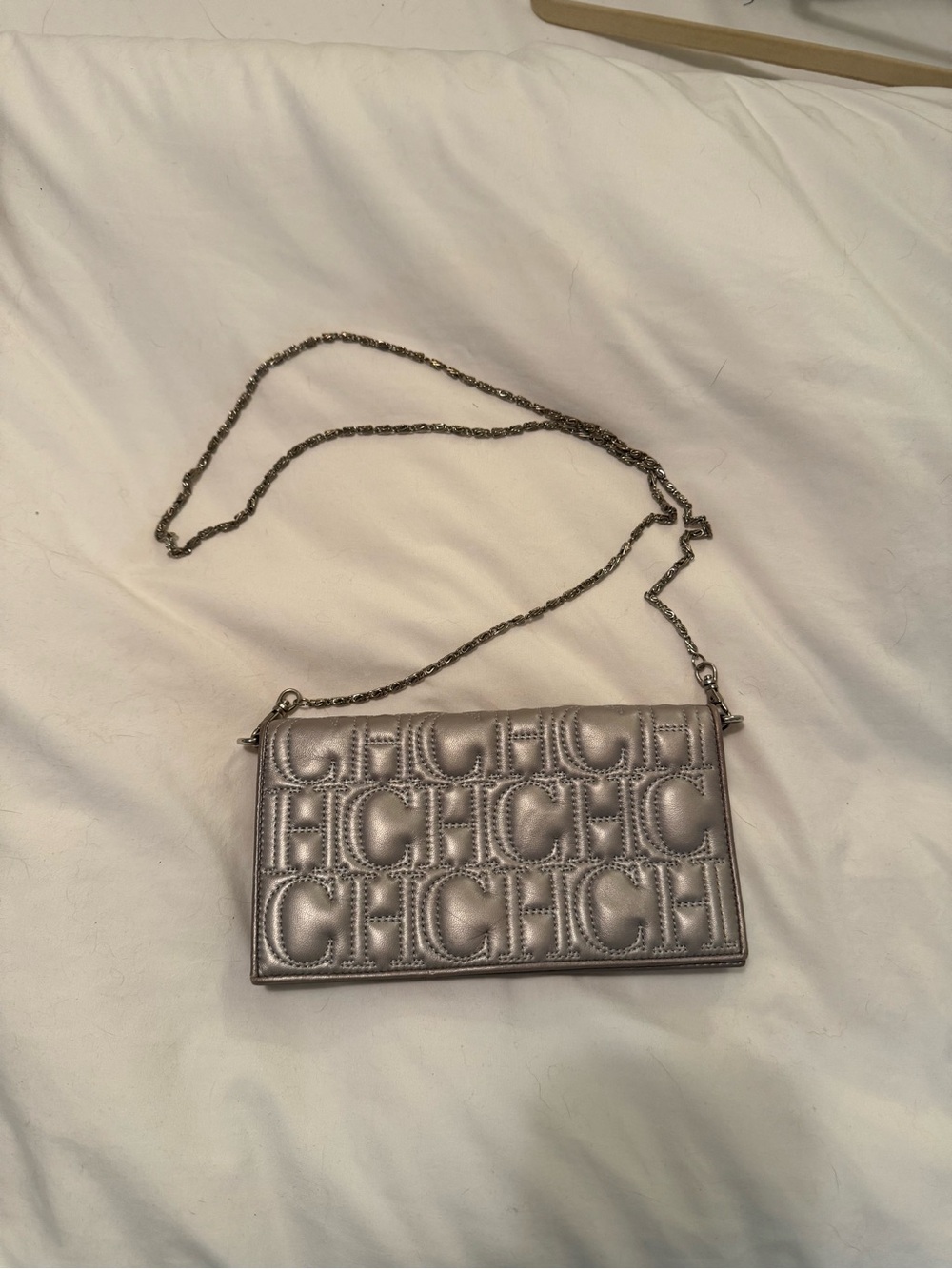 Carolina Herrera Metallic Silver Quilted CH Logo Crossbody